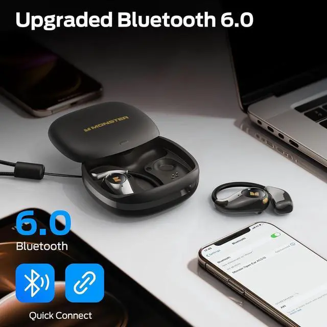 Alt view image 6 of 7 - Monster Open Ear AC510 Earbuds, Bluetooth6.0 Wireless Earbuds, Stereo Sound Ear Buds with AI Intelligent Noise Reduction, Type-C Charging, Touch Control, 25H Playback, IPX5 Waterproof Earphones(Black)