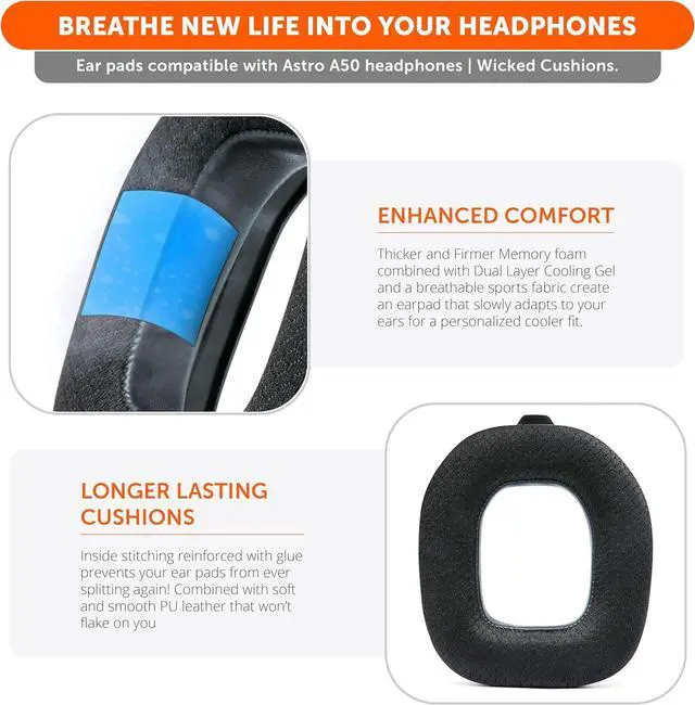 Alt view image 4 of 7 - WC Mod Kit A50 - Cooling Gel Earpads + Headband Replacement for Astro A50 Gen 4, Gen 5 & A50X by Wicked Cushions | Enhanced Comfort, Cooling & Durability | Black