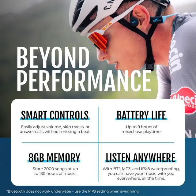 Alt view image 6 of 7 - H2O Audio TRI 2 Multisport Waterproof Bone Conduction Open Ear Headphones, Bluetooth 5.3 for Running and Cycling, MP3 Mode for Swimming, 8GB Memory, 8.5-Hour Battery, Black