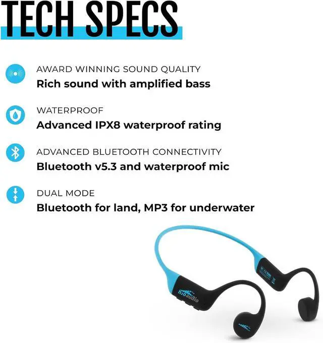 Alt view image 7 of 7 - H2O Audio TRI 2 Multisport Waterproof Bone Conduction Open Ear Headphones, Bluetooth 5.3 for Running and Cycling, MP3 Mode for Swimming, 8GB Memory, 8.5-Hour Battery, Black