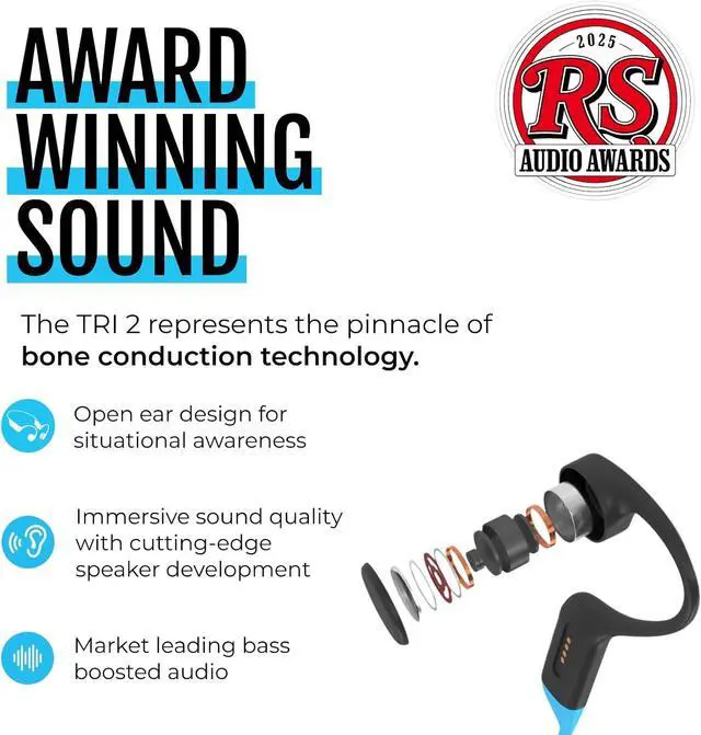 Alt view image 4 of 7 - H2O Audio TRI 2 Multisport Waterproof Bone Conduction Open Ear Headphones, Bluetooth 5.3 for Running and Cycling, MP3 Mode for Swimming, 8GB Memory, 8.5-Hour Battery, Black
