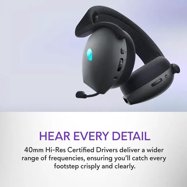 Alt view image 6 of 7 - Alienware Tri-Mode Wireless Gaming Headset AW725H - Wired/Wireless, Bluetooth 5.3, Audio Output - 20 Hz, Mini-Phone (3.5mm), Battery Talk Time Up to 55 Hrs (Bluetooth), Dark Side of The Moon