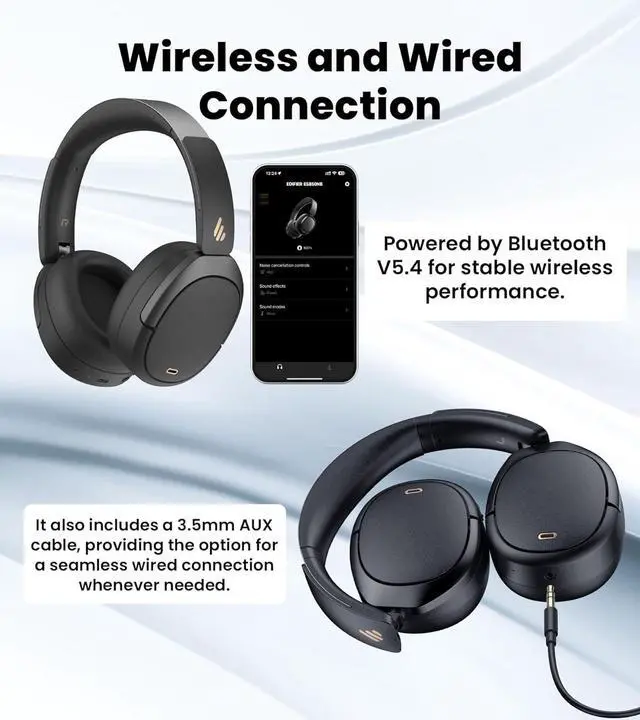 Alt view image 7 of 7 - Edifier W80 Over Ear Headphones with -49dB Active Noise Cancelling, LDAC AAC Hi-Res Wired & Wireless, AI Clear Call, Fast Charging, Multipoint Connection, Bluetooth V5.4 - Black