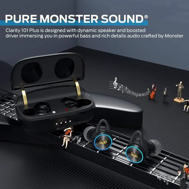 Alt view image 3 of 7 - Monster Clarity 101Plus AirLinks Wireless Earbuds, Bluetooth 5.3 in-Ear Headphones with Charging Case, Stereo Earphones Deep Bass Sound, 28H Long Playtime, Water Resistant Design for Sports.