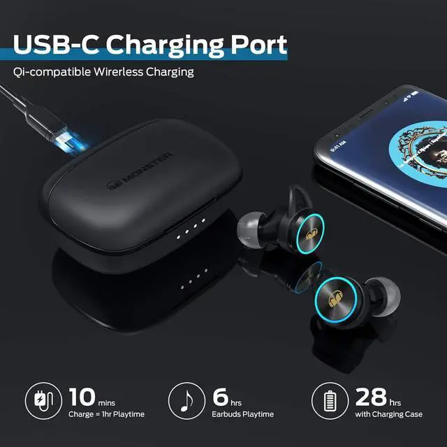 Alt view image 6 of 7 - Monster Clarity 101Plus AirLinks Wireless Earbuds, Bluetooth 5.3 in-Ear Headphones with Charging Case, Stereo Earphones Deep Bass Sound, 28H Long Playtime, Water Resistant Design for Sports.