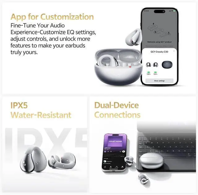 Alt view image 7 of 7 - QCY Crossky C30S Open Ear Earbuds, Ultra-Comfort Clip On Ear Buds Wireless Bluetooth 6.0, LDAC Hi-Res Audio, Deep Bass, 40H Playtime, Fast Charging, IPX5 Waterproof Sports/Running Earphones