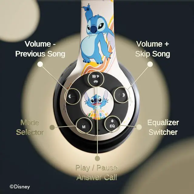 Alt view image 5 of 7 - Disney Stitch Disco Party Bluetooth Over-Ear Headphones, Wireless Foldable Headset with Built-in Microphone - Stitch Disco Party Design, for Adults and Kids, Comfortable Auriculares