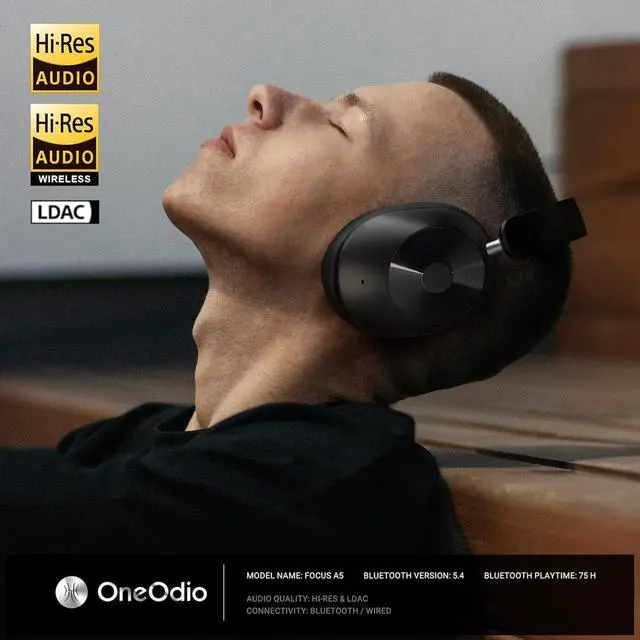 Alt view image 2 of 7 - OneOdio Focus A5 Wireless Over-Ear Headphones, Hybrid Active Noise Cancelling, 75H Playtime, Hi-Res LDAC Wireless Audio, Bluetooth 5.4, Built-in Mic for Clear Calls, Low Latency Game Mode
