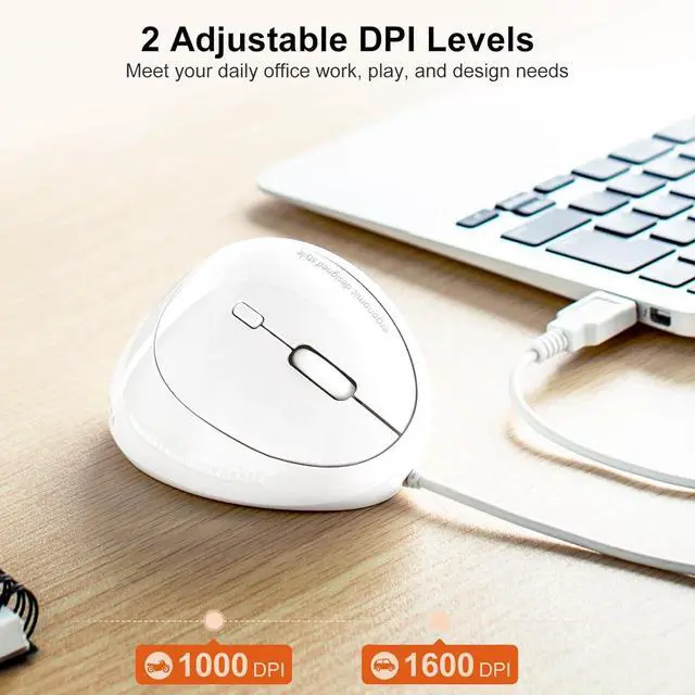 Alt view image 4 of 7 - Wired Ergonomic Mouse Optical Vertical Mice for Small Hands Reduce Wrist Strain 1000/1600 DPI 6 Buttons Compatible with MacBook PC Laptop Desktop Windows Mac OS White