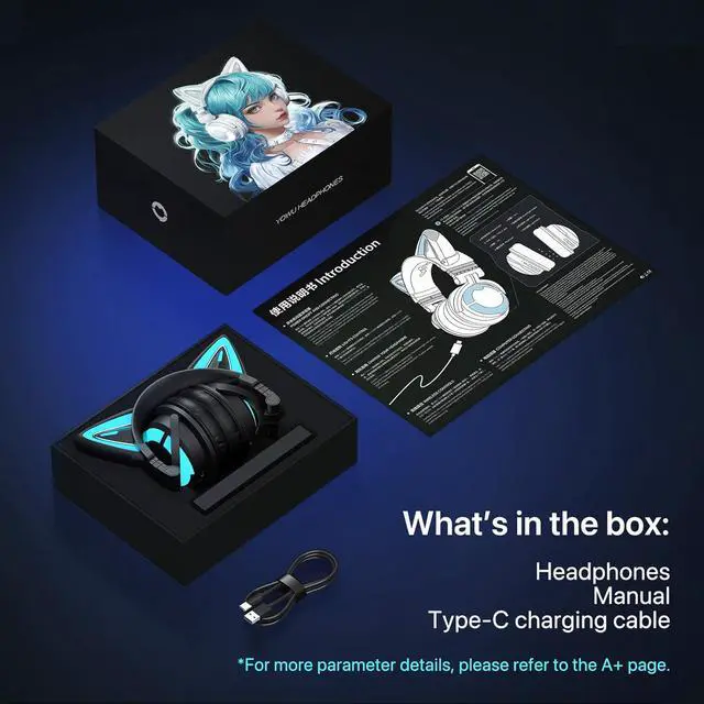 Alt view image 7 of 7 - YOWU Cat Ear Headphones CE, Wired/Wireless Gaming Headsets with Seamless Live Sound Experience for PC/PE/Switch/PS4/PS5, Built-in Mic & Customizable RGB Light Effect for Anime Lovers(Black)
