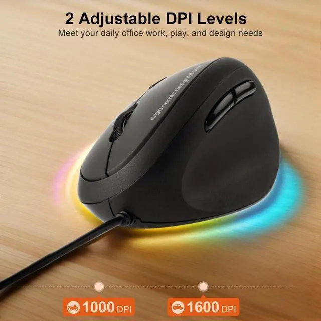 Alt view image 4 of 7 - Wired Ergonomic Mouse Optical Vertical Mice for Small Hands Reduce Wrist Strain 1000/1600 Adjustable DPI 6 Buttons Compatible with MacBook PC Laptop Desktop Windows Mac OS Black