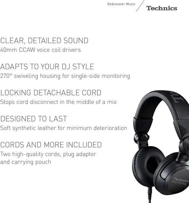 Alt view image 2 of 7 - Technics Professional DJ Headphones with 40mm CCAW Voice Coil Drivers, 270° Swivel Housing and Locking Detachable Cord; Lightweight, Foldable High Input - EAH-DJ1200-K (Black)