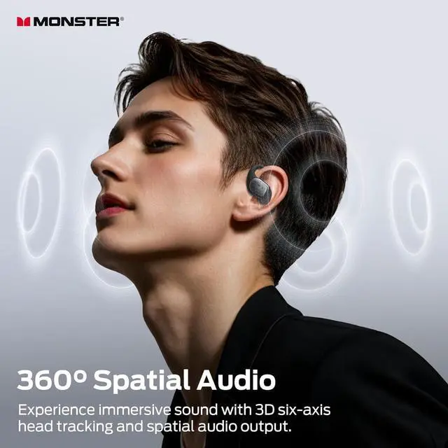 Alt view image 3 of 7 - Monster Open Ear AC326 Headphones, Bluetooth 6.0 Wireless Earbuds with Dual-Mic Clear Calls, Air Conduction Headphones with Ear Hooks, Spatial Audio, Snug Fit, 35H Playtime, IPX5 for Sports, Black