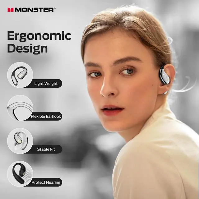 Alt view image 2 of 7 - Monster Open Ear AC360, Wireless Bluetooth Rotary Earphone, with Lanyard, Upgraded Bluetooth 6.0, Touch Control, 24h Long Battery Life, IPX5 Waterproof,Long-Lasting Wear Without Fatigue