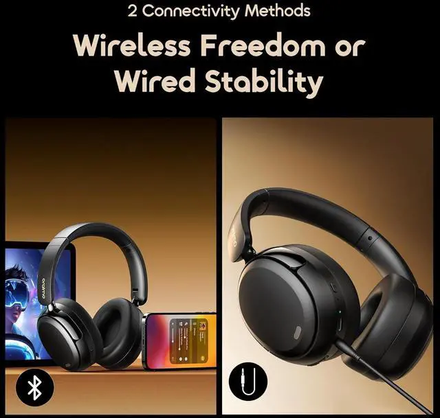 Alt view image 5 of 7 - Oraimo BoomPop N Highbrid Active Noise Cancelling Headphones, 65H Playtime, 3 EQ Modes, Deep Bass, Bluetooth 5.4, Wireless Over-Ear Headphones with Microphone for Office Travel, Black
