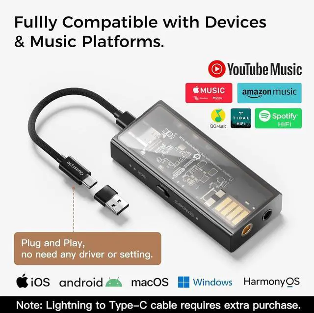 Alt view image 6 of 7 - M15i Headphone Amplifier [MFi Certified] Portable USB DAC Amps with 4.4mm and 3.5mm Dual Outputs Supports PCM 768kHz/DSD512 High Resolution Lossless for Smartphones/PC/Laptops