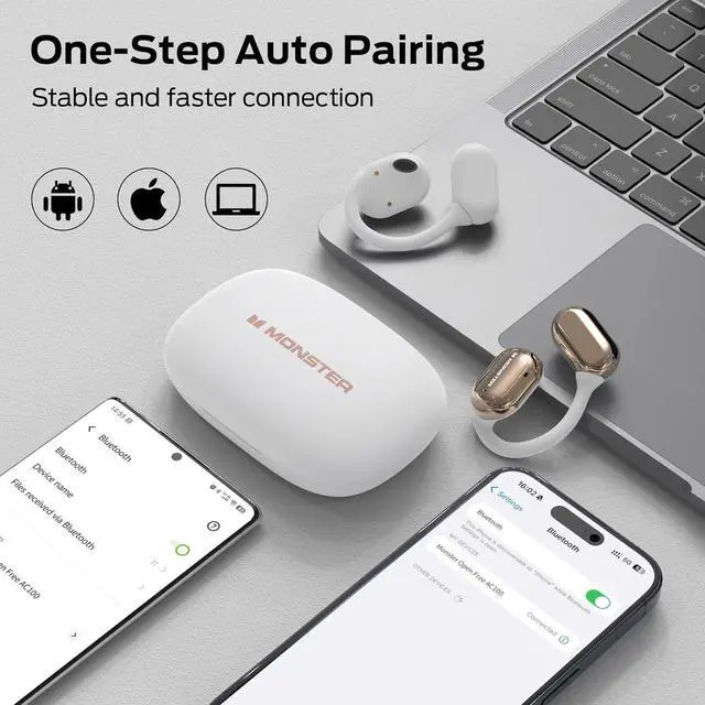 Alt view image 5 of 7 - Monster Open Free AC100 Open Ear Bluetooth 5.3 Headphones, Wireless Earbuds with Earhooks, Immersive Stereo Sound by 16mm Large Driver, Clear Calls, 30H Playtime, for Workout, White