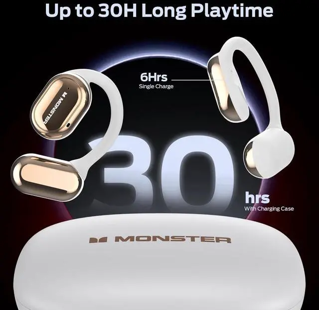 Alt view image 7 of 7 - Monster Open Free AC100 Open Ear Bluetooth 5.3 Headphones, Wireless Earbuds with Earhooks, Immersive Stereo Sound by 16mm Large Driver, Clear Calls, 30H Playtime, for Workout, White