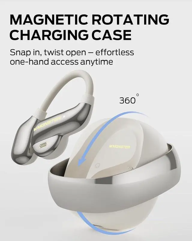 Alt view image 4 of 7 - Monster Open Ear AC390 Headphones, Bluetooth 6.0 Earbuds with Stereo Sound, Wireless Headphones 24H Playtime, IPX5 Waterproof, Rotating Charging Case with Lanyard, Ultra-Light Open Ear Earbuds