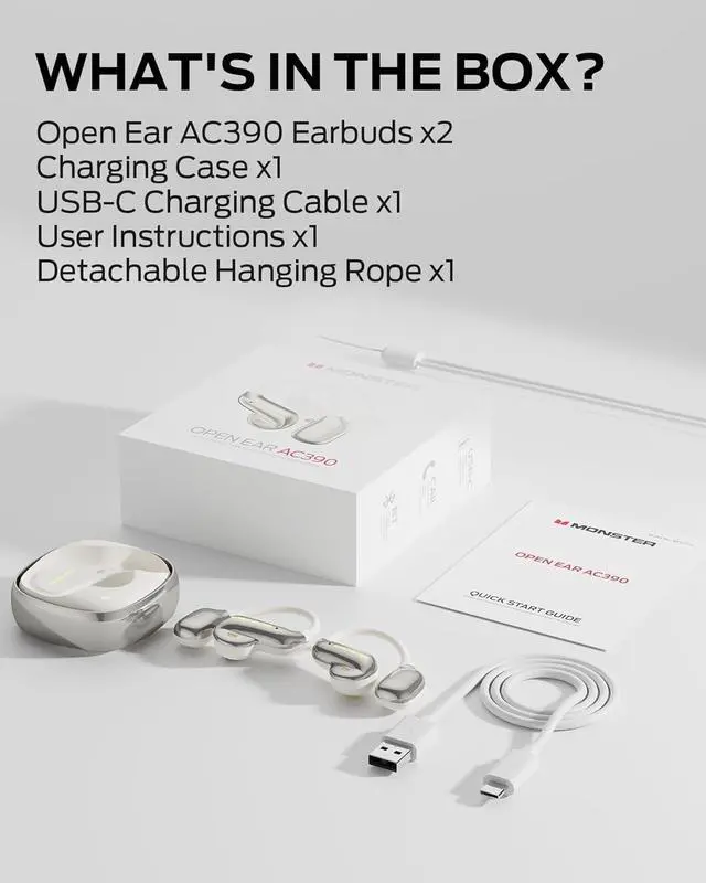 Alt view image 7 of 7 - Monster Open Ear AC390 Headphones, Bluetooth 6.0 Earbuds with Stereo Sound, Wireless Headphones 24H Playtime, IPX5 Waterproof, Rotating Charging Case with Lanyard, Ultra-Light Open Ear Earbuds