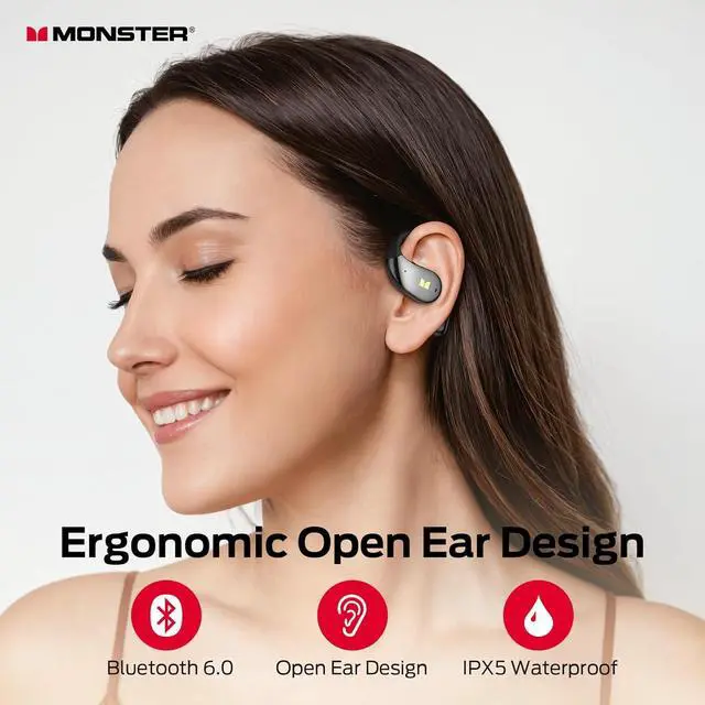 Alt view image 2 of 7 - Monster Open Ear AC328 Wireless Earbuds, Open Ear Headphones 32H Playtime, Lightweight Comfort Bluetooth Earbuds, Bluetooth 6.0 Earphones Stereo Sound, Water Resistant Design for Sports, Black