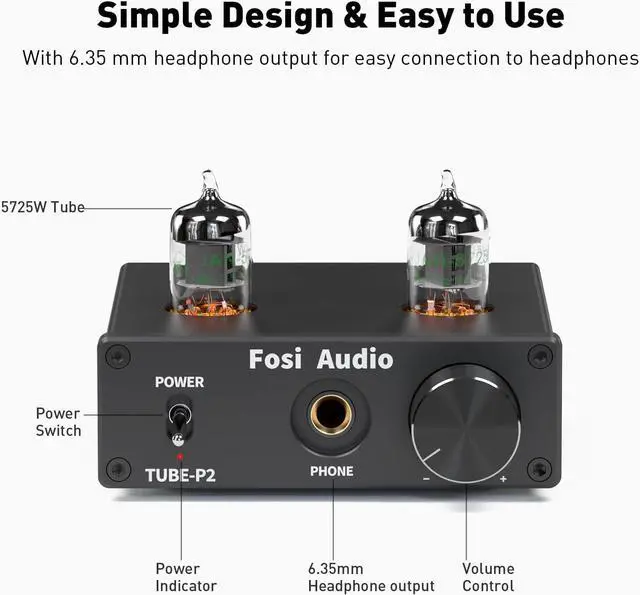 Alt view image 2 of 7 - Fosi Audio P2 Headphone Amplifier Vacuum Tube Headphone Amp Mini Hi-Fi Stereo Audio with Low Ground Noise Output Protection