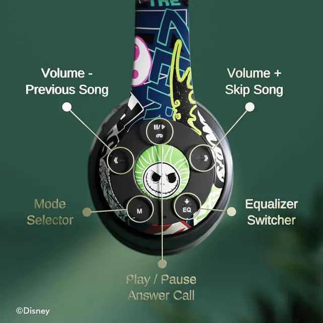 Alt view image 5 of 7 - iJoy Disney Nightmare Before Christmas Jack Sticker Bluetooth Headphones - Wireless Foldable Over-Ear Headset, Built-in Mic, Enchanting Sally & Friends Design, for Adults & Kids