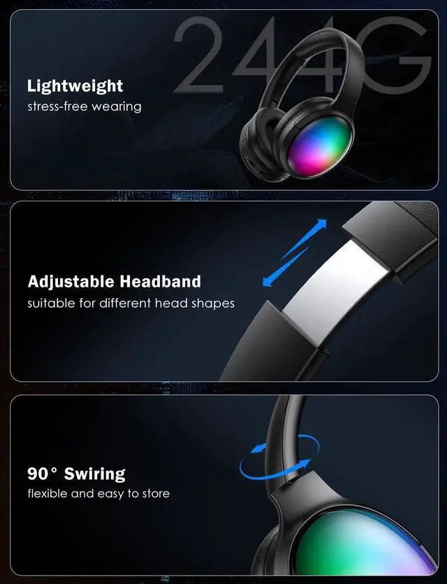 Alt view image 5 of 7 - Bluetooth Headphone with Cool RGB Light, Foldable Lightweight Wireless Over Ear Headphone, 90° Rotatable Earcups, HiFi Stereo with Deep Bass Audio for Travel, iPad Cellphone Laptop PC