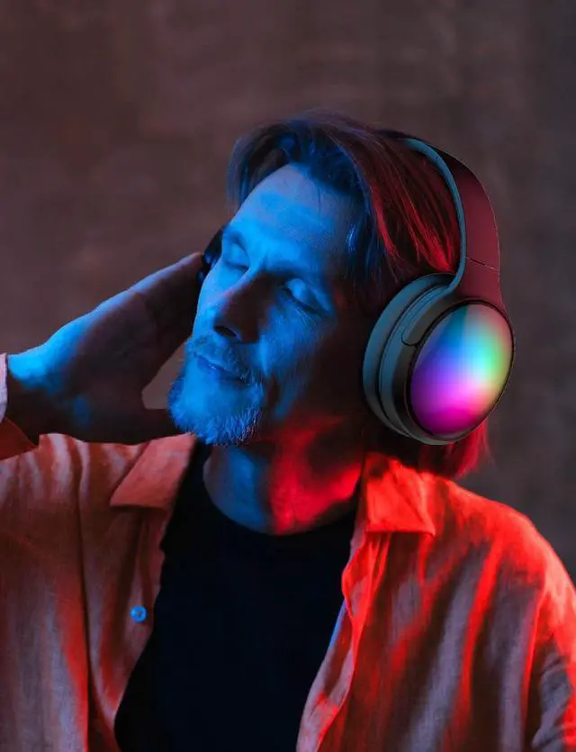 Alt view image 7 of 7 - Bluetooth Headphone with Cool RGB Light, Foldable Lightweight Wireless Over Ear Headphone, 90° Rotatable Earcups, HiFi Stereo with Deep Bass Audio for Travel, iPad Cellphone Laptop PC