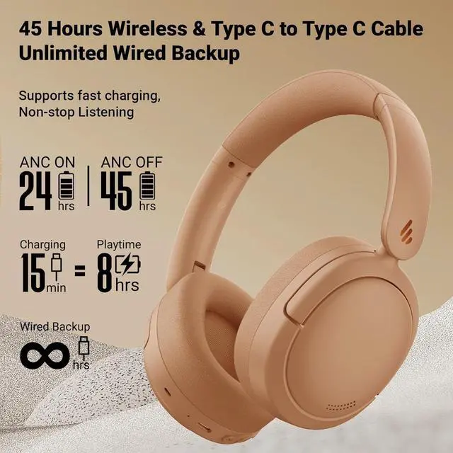 Alt view image 5 of 7 - Edifier V80 Hybrid Active Noise Cancelling Headphones, True Wireless Over Ear Bluetooth Headset with 45H Playtime Hi-Res Audio Fast Charging Multipoint Connection for Travel Home Office (Brown)