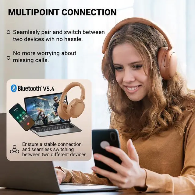 Alt view image 4 of 7 - Edifier V80 Hybrid Active Noise Cancelling Headphones, True Wireless Over Ear Bluetooth Headset with 45H Playtime Hi-Res Audio Fast Charging Multipoint Connection for Travel Home Office (Brown)