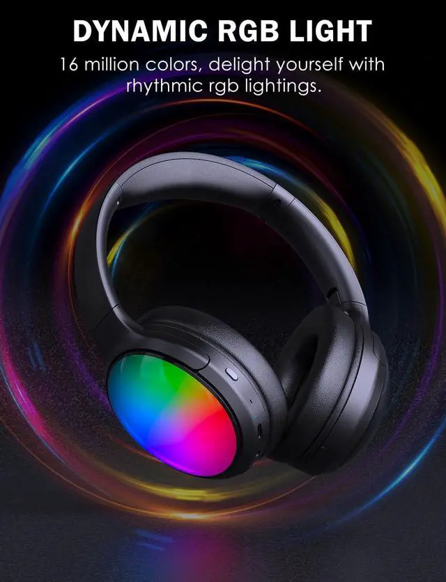 Alt view image 4 of 7 - Bluetooth Headphone with Cool RGB Light, Foldable Lightweight Wireless Over Ear Headphone, 90° Rotatable Earcups, HiFi Stereo with Deep Bass Audio for Travel, iPad Cellphone Laptop PC