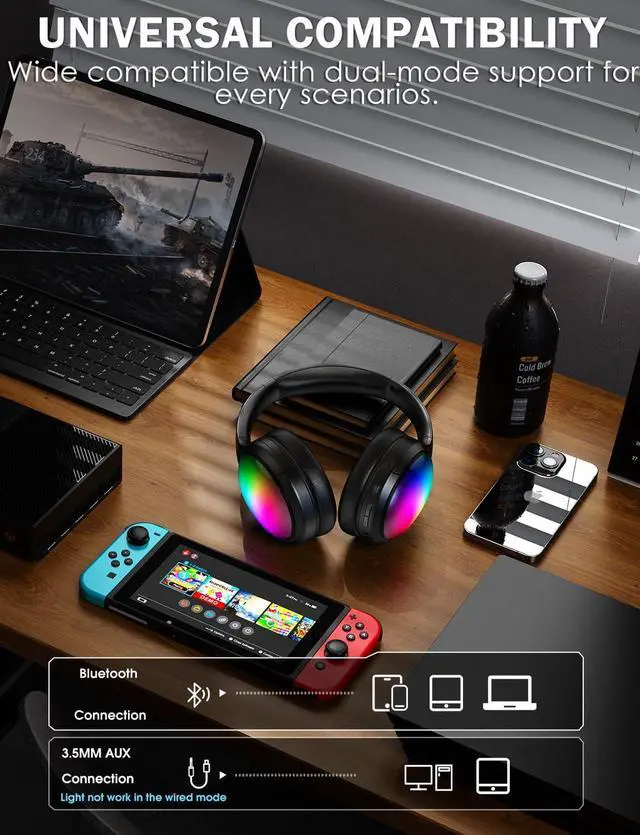 Alt view image 6 of 7 - Bluetooth Headphone with Cool RGB Light, Foldable Lightweight Wireless Over Ear Headphone, 90° Rotatable Earcups, HiFi Stereo with Deep Bass Audio for Travel, iPad Cellphone Laptop PC