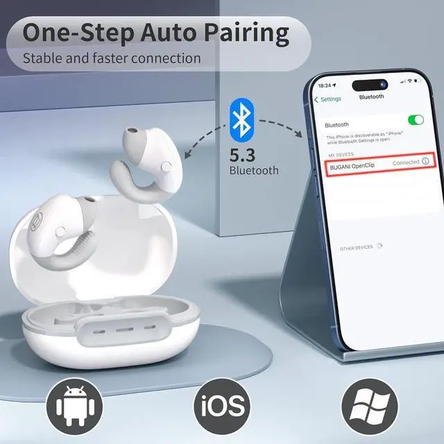 Alt view image 2 of 6 - BUGANI Bluetooth 5.3 Open Ear Wireless Headphones, Clip Earbuds with Stereo Sound, 30H Playtime, Built-in Mic for Clear Calls, Waterproof for Sport Running