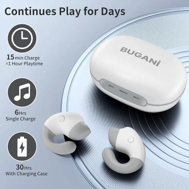 Alt view image 3 of 6 - BUGANI Bluetooth 5.3 Open Ear Wireless Headphones, Clip Earbuds with Stereo Sound, 30H Playtime, Built-in Mic for Clear Calls, Waterproof for Sport Running