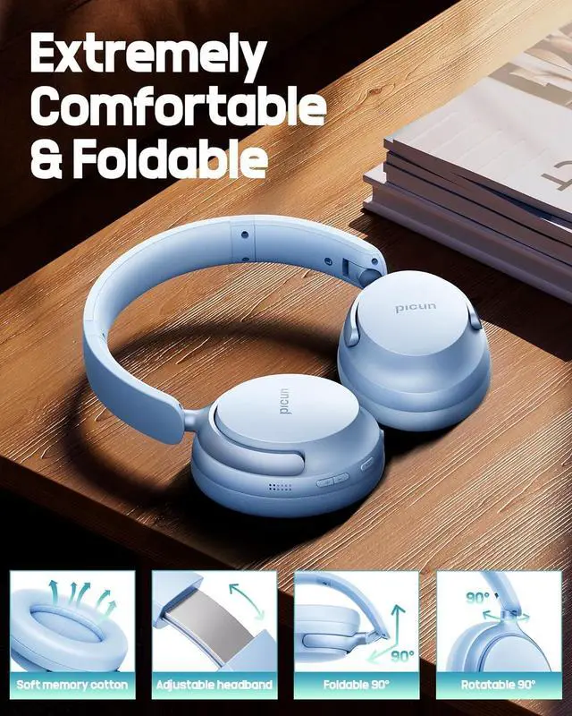 Alt view image 5 of 7 - Picun NC60 Hybrid Active Noise Cancelling Headphones, Foldable Wireless Over Ear Bluetooth 5.4 Headphones, 80H Playtime, Transparency Mode, Stereo Bass, Custom EQ via App for Travel Home Lake Blue