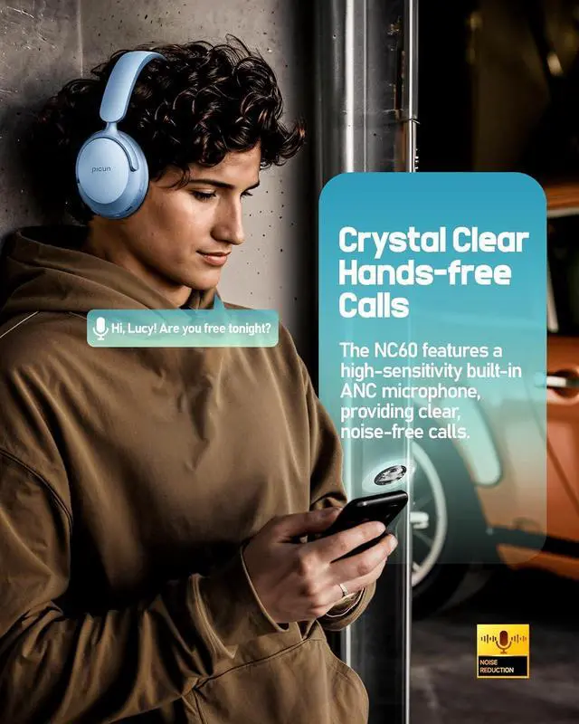 Alt view image 6 of 7 - Picun NC60 Hybrid Active Noise Cancelling Headphones, Foldable Wireless Over Ear Bluetooth 5.4 Headphones, 80H Playtime, Transparency Mode, Stereo Bass, Custom EQ via App for Travel Home Lake Blue