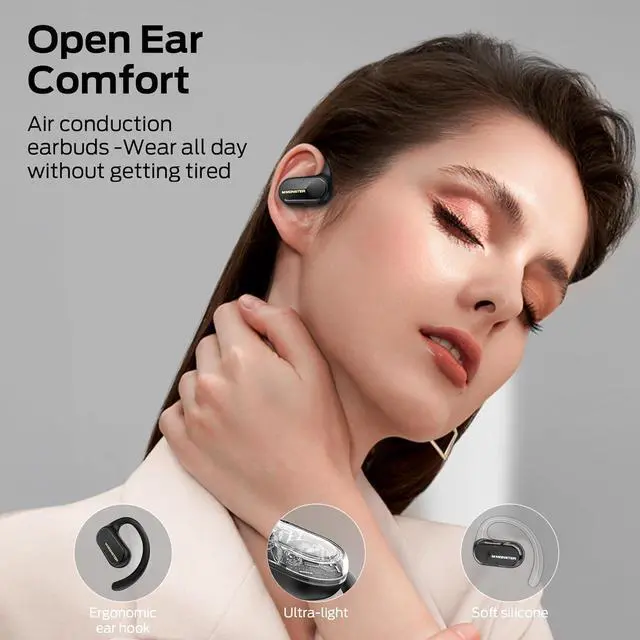 Alt view image 2 of 7 - Monster Open Ear AC312 Headphones, Bluetooth 5.4, Wireless Earbuds with ENC Noise-Cancelling Mic, Immersive Stereo Sound by 16mm Large Drivers, Clear Calls, 32H Playtime, Sport Earbuds