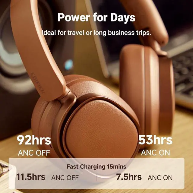 Alt view image 4 of 7 - Edifier Active Noise Cancelling Headphones, Over Ear Bluetooth Headset, 92H Playtime Wired & Wireless Hi-Res Audio Certified, Fast Charging Clear Calls for Home Office Travel - Brown
