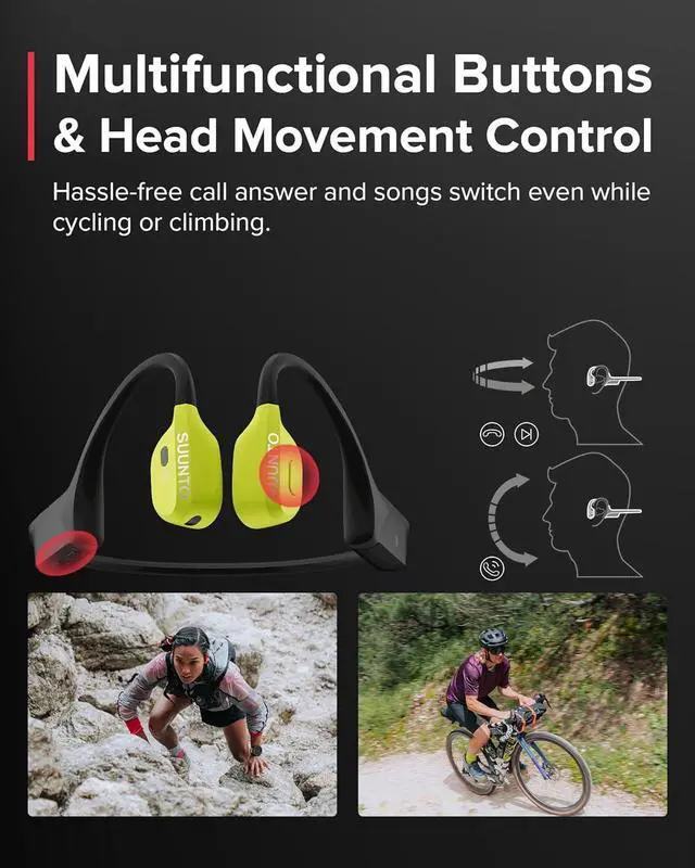 Alt view image 5 of 7 - SUUNTO Wing Open-Ear Bone Conduction Headphone, Bluetooth Wireless Sport Headphone w/Head Movement Control, Built-in HD Mic, IP67 Sweatproof, Safety Lights, Total 30H Playtime w/Charging Stand, Lime