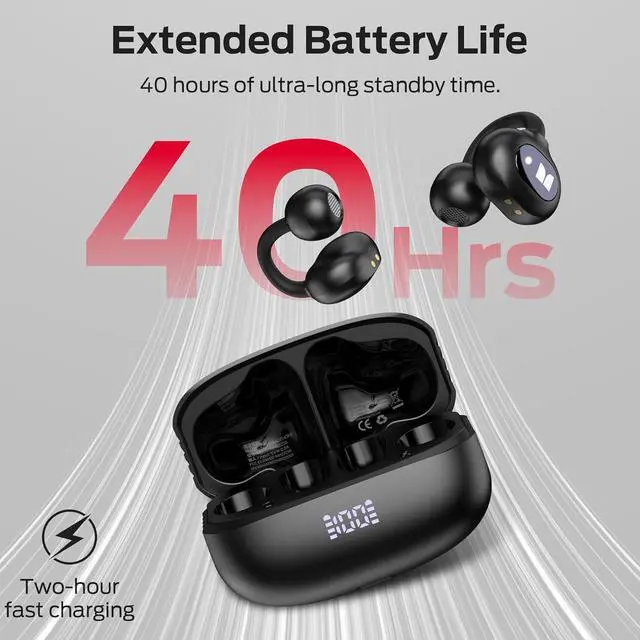 Alt view image 5 of 7 - Monster Open Ear AC339 Earbuds, Bluetooth 6.0 Earphones Stereo Sound, Open Ear Clip Wireless Earbuds 40 Hours Playback, with Smart Digital Display Design, Touch Control, IPX6 Waterproof
