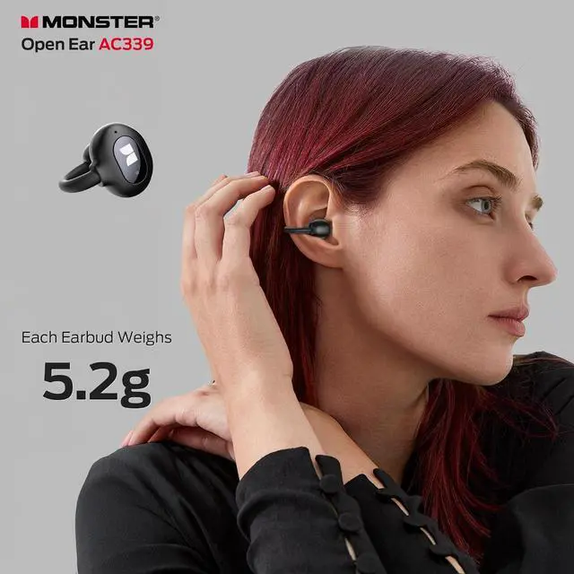 Alt view image 6 of 7 - Monster Open Ear AC339 Earbuds, Bluetooth 6.0 Earphones Stereo Sound, Open Ear Clip Wireless Earbuds 40 Hours Playback, with Smart Digital Display Design, Touch Control, IPX6 Waterproof