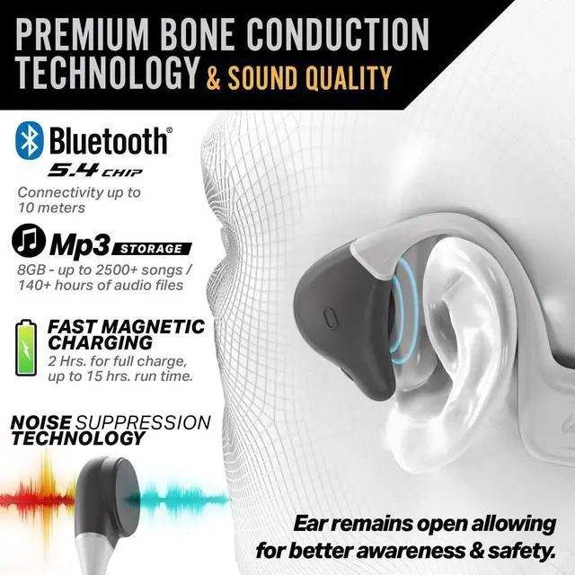 Alt view image 5 of 6 - Wildhorn Crank Bone Conduction Headphones Bluetooth 5.4, IPX7 Waterproof Open Ear Headphones w/Mic, Fast Charge, MP3 2500 Songs Storage Capacity, Premium Design, Workouts, Cycling, Running Headphones