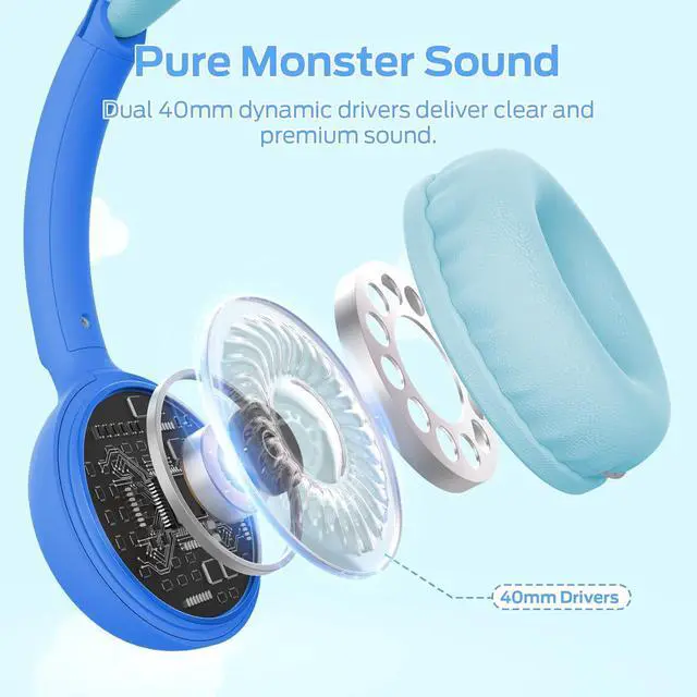 Alt view image 6 of 7 - Monster Cute SK100 Kids Bluetooth Headphones, 85/94dB Safe Volume Limited, 60 Hours Playtime, Bluetooth 6.0, On-Ear Toddler Headsets with Built-in Mic, Lightweight Wireless Headphones for Kids, Blue