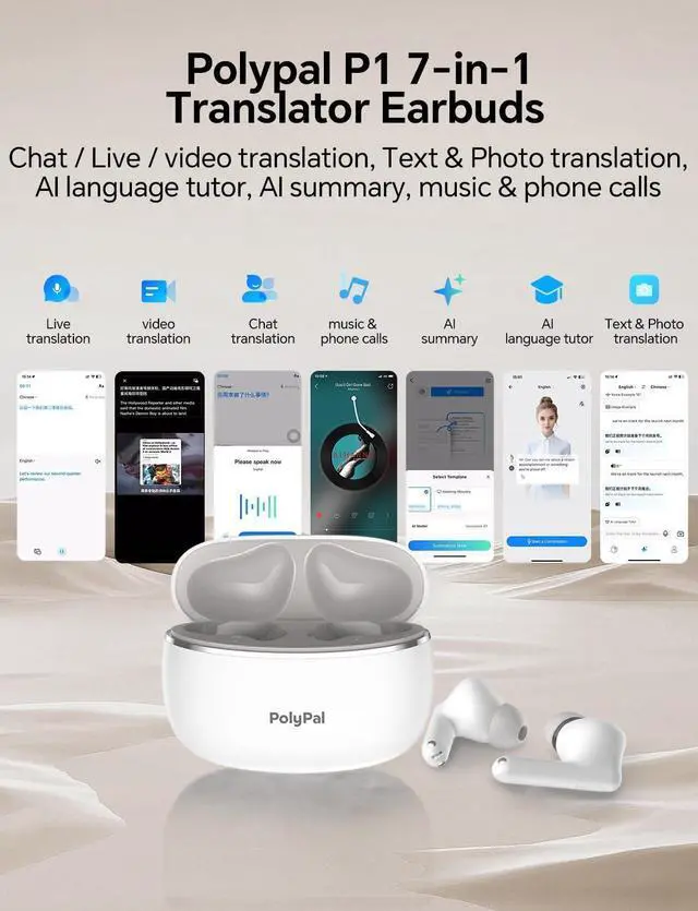 Alt view image 2 of 7 - Polypal P1 AI Translation Earbuds  Supports 138 Languages, 600 Minutes/Month, Ideal for Live Speech and Video, Spanish-English Translator Headphones for Immigrants, Compatible with iOS & Android