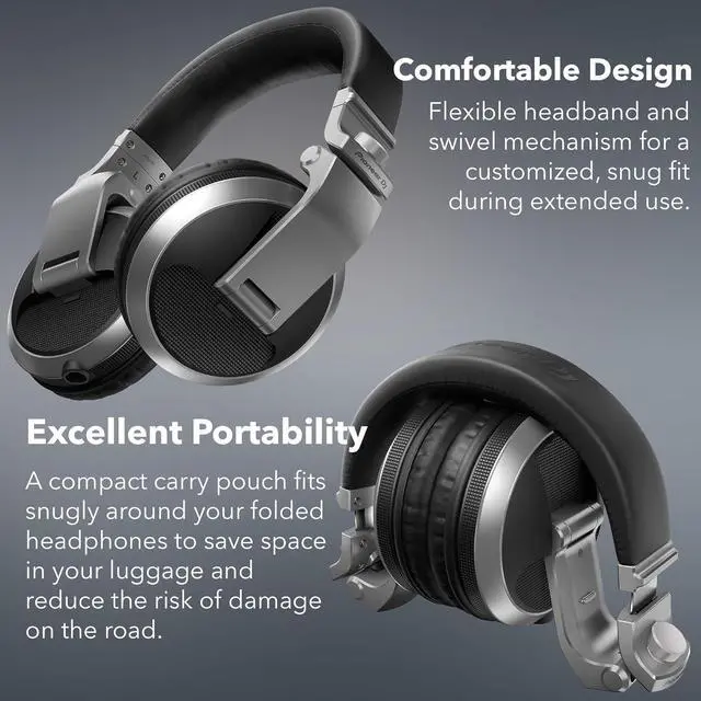 Alt view image 5 of 7 - Pioneer DJ HDJ-X5 Over-Ear DJ Headphones - Silver Bundle with Case, Stand, and Austin Bazaar Polishing Cloth