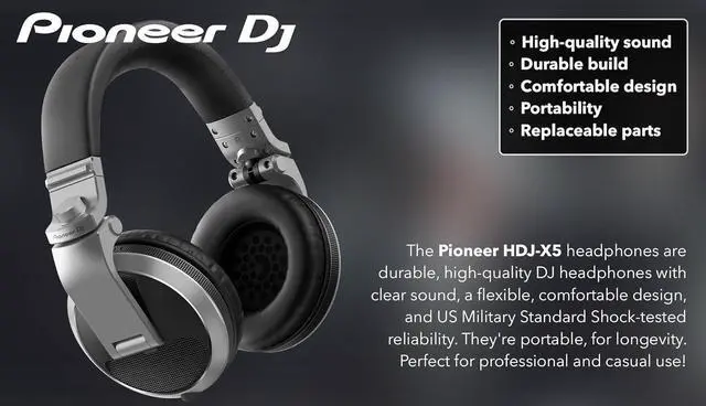 Alt view image 3 of 7 - Pioneer DJ HDJ-X5 Over-Ear DJ Headphones - Silver Bundle with Case, Stand, and Austin Bazaar Polishing Cloth