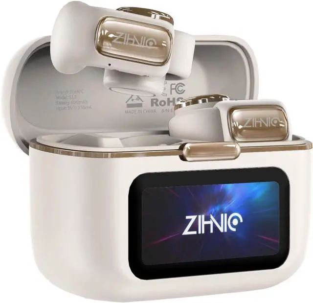 Main image of ZIHNIC Clip on Earbuds Open Ear Wireless Bluetooth 5.4 Headphones with Mic,Noise Cancelling,Waterproof, Smart LED Touch Screen,Comfortable Glasses Wearers,Workouts -Beige