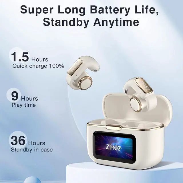 Alt view image 6 of 7 - ZIHNIC Clip on Earbuds Open Ear Wireless Bluetooth 5.4 Headphones with Mic,Noise Cancelling,Waterproof, Smart LED Touch Screen,Comfortable Glasses Wearers,Workouts -Beige