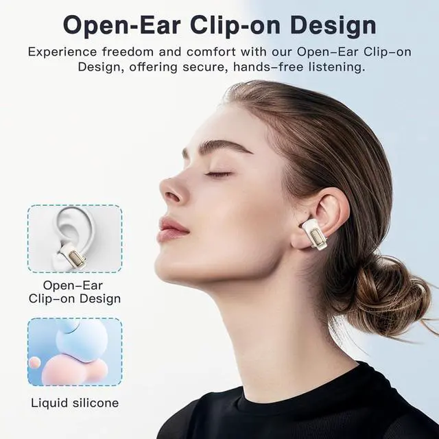 Alt view image 2 of 7 - ZIHNIC Clip on Earbuds Open Ear Wireless Bluetooth 5.4 Headphones with Mic,Noise Cancelling,Waterproof, Smart LED Touch Screen,Comfortable Glasses Wearers,Workouts -Beige
